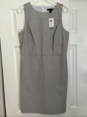Banana Republic Gray Pinstripe Midi Sheath Dress with Gold Buttons